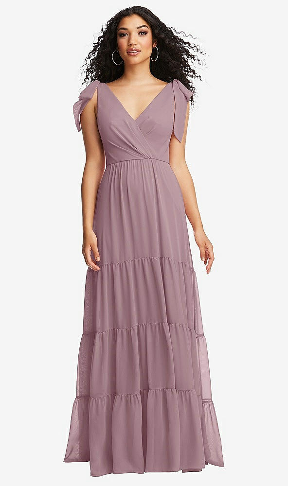 Front View - Dusty Rose Bow-Shoulder Faux Wrap Maxi Dress with Tiered Skirt