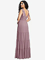 Rear View Thumbnail - Dusty Rose Bow-Shoulder Faux Wrap Maxi Dress with Tiered Skirt