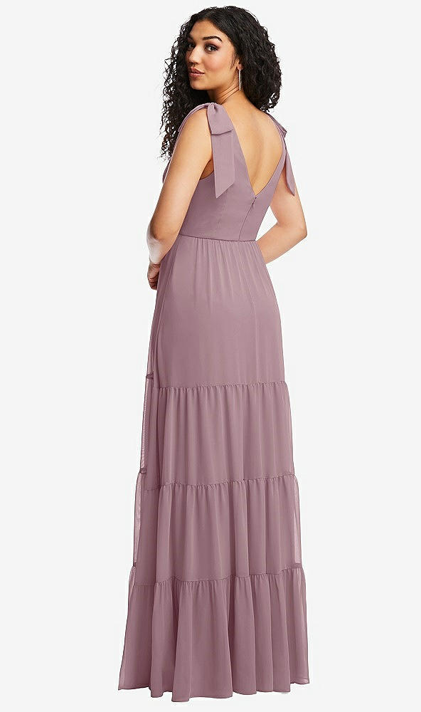 Back View - Dusty Rose Bow-Shoulder Faux Wrap Maxi Dress with Tiered Skirt