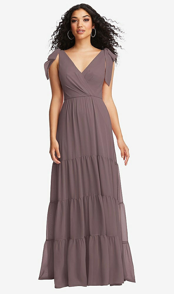 Front View - French Truffle Bow-Shoulder Faux Wrap Maxi Dress with Tiered Skirt