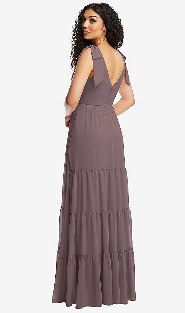 Back View - French Truffle Bow-Shoulder Faux Wrap Maxi Dress with Tiered Skirt