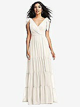 Front View Thumbnail - Ivory Bow-Shoulder Faux Wrap Maxi Dress with Tiered Skirt