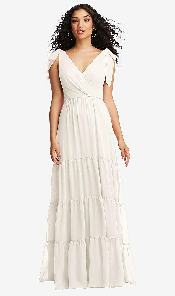 Front View - Ivory Bow-Shoulder Faux Wrap Maxi Dress with Tiered Skirt