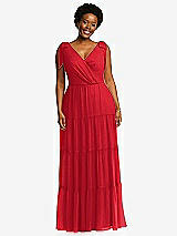 Alt View 1 Thumbnail - Parisian Red Bow-Shoulder Faux Wrap Maxi Dress with Tiered Skirt