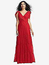 Front View Thumbnail - Parisian Red Bow-Shoulder Faux Wrap Maxi Dress with Tiered Skirt