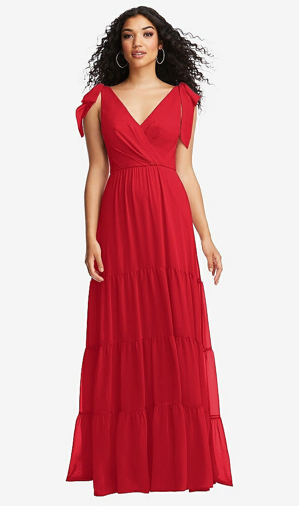 Front View - Parisian Red Bow-Shoulder Faux Wrap Maxi Dress with Tiered Skirt