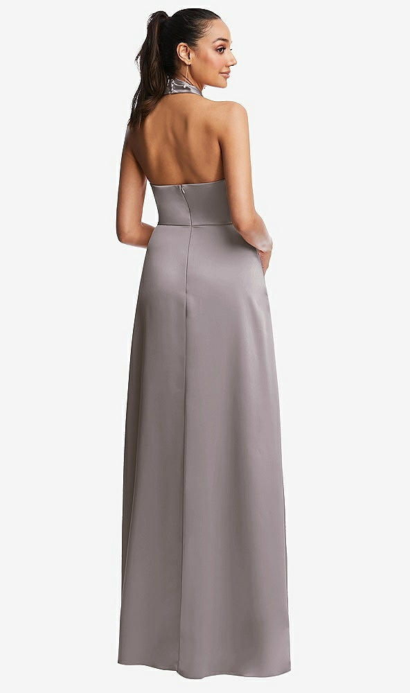 Back View - Cashmere Gray Shawl Collar Open-Back Halter Maxi Dress with Pockets