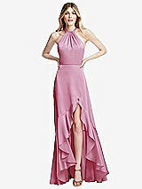 Alt View 1 Thumbnail - Powder Pink Tie-Neck Halter Maxi Dress with Asymmetric Cascade Ruffle Skirt