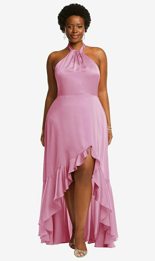Front View - Powder Pink Tie-Neck Halter Maxi Dress with Asymmetric Cascade Ruffle Skirt