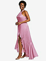 Side View Thumbnail - Powder Pink Tie-Neck Halter Maxi Dress with Asymmetric Cascade Ruffle Skirt