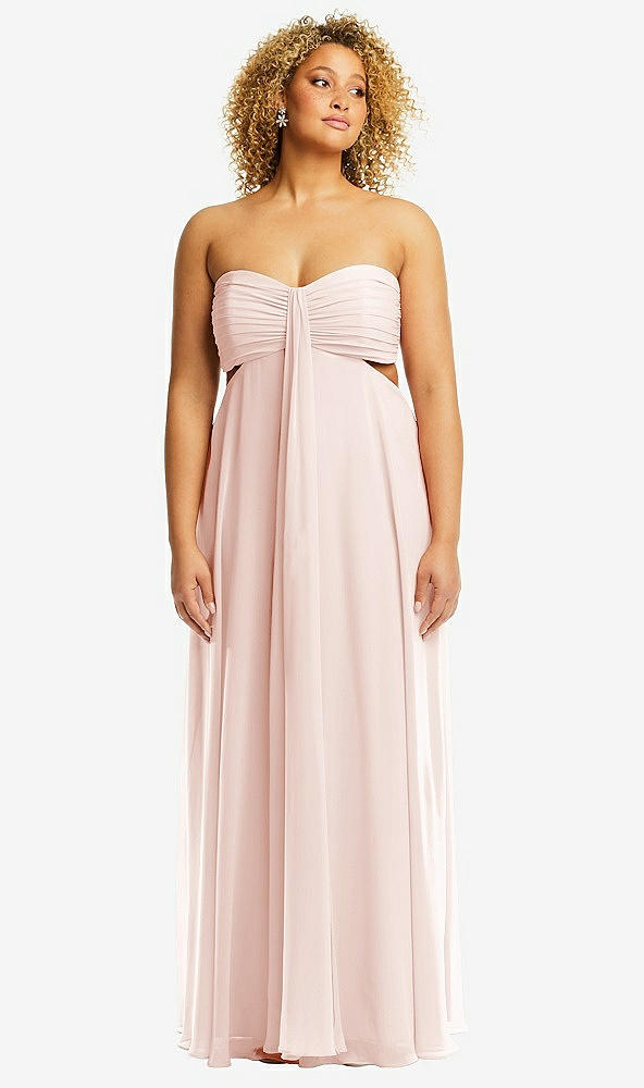 Front View - Blush Strapless Empire Waist Cutout Maxi Dress with Covered Button Detail