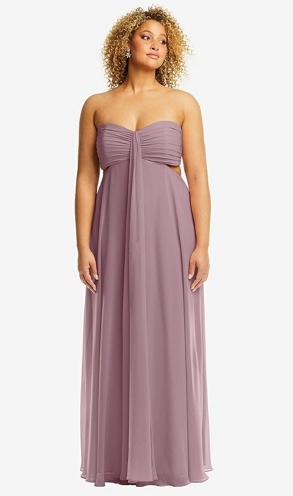Front View - Dusty Rose Strapless Empire Waist Cutout Maxi Dress with Covered Button Detail