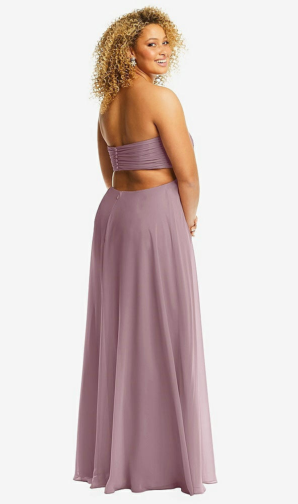 Back View - Dusty Rose Strapless Empire Waist Cutout Maxi Dress with Covered Button Detail