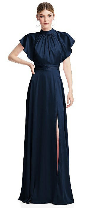 Shirred Stand Collar Flutter Sleeve Open-Back Maxi Dress with Sash