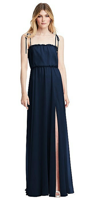 Skinny Tie-Shoulder Ruffle-Trimmed Blouson Maxi Dress