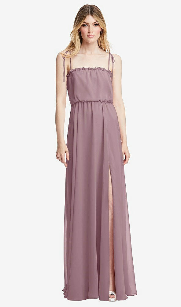 Front View - Dusty Rose Skinny Tie-Shoulder Ruffle-Trimmed Blouson Maxi Dress