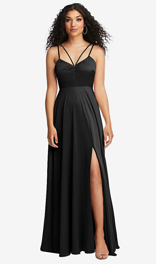 Front View - Black Dual Strap V-Neck Lace-Up Open-Back Maxi Dress