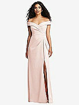 Front View Thumbnail - Blush Cuffed Off-the-Shoulder Pleated Faux Wrap Maxi Dress