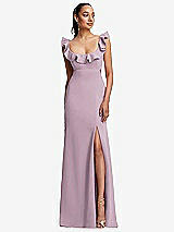 Front View Thumbnail - Suede Rose Ruffle-Trimmed Neckline Cutout Tie-Back Trumpet Gown