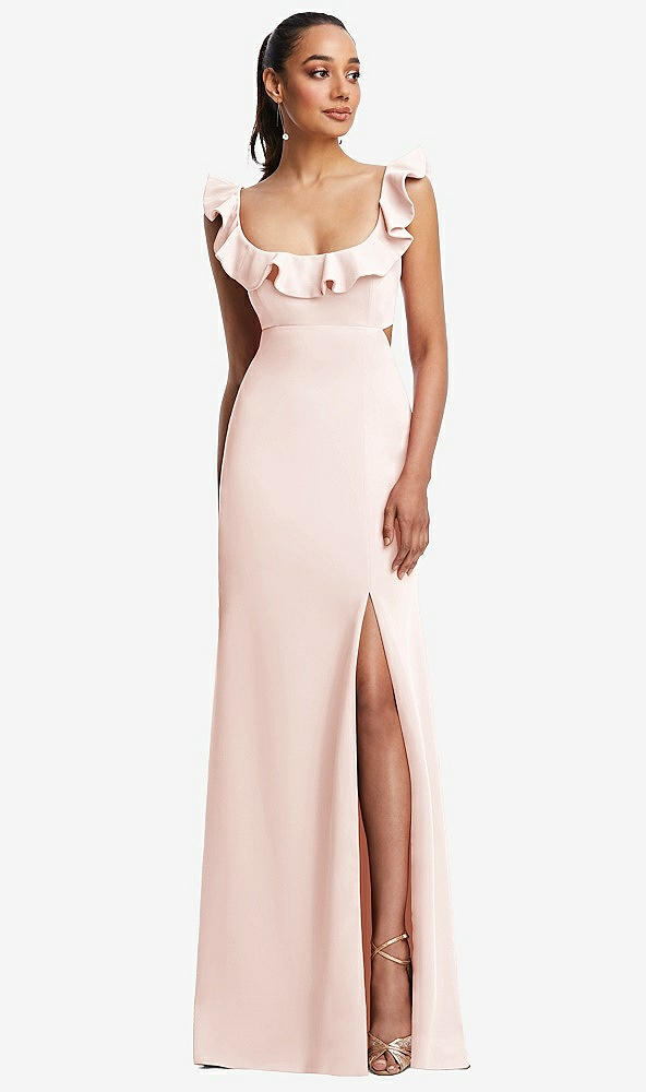 Front View - Blush Ruffle-Trimmed Neckline Cutout Tie-Back Trumpet Gown
