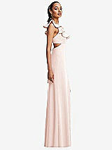 Side View Thumbnail - Blush Ruffle-Trimmed Neckline Cutout Tie-Back Trumpet Gown