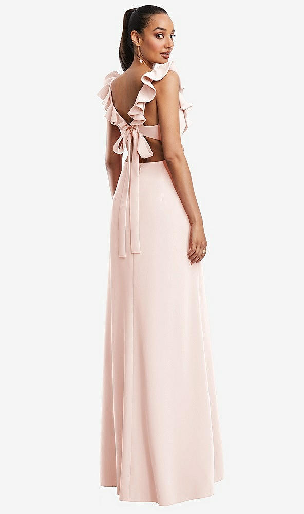 Back View - Blush Ruffle-Trimmed Neckline Cutout Tie-Back Trumpet Gown