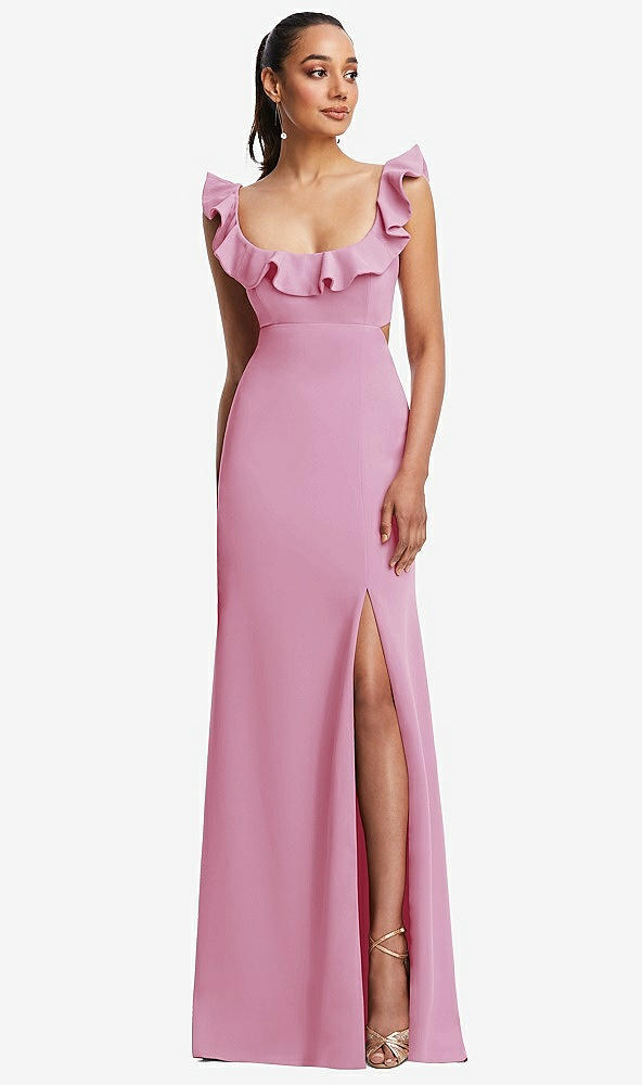 Front View - Powder Pink Ruffle-Trimmed Neckline Cutout Tie-Back Trumpet Gown