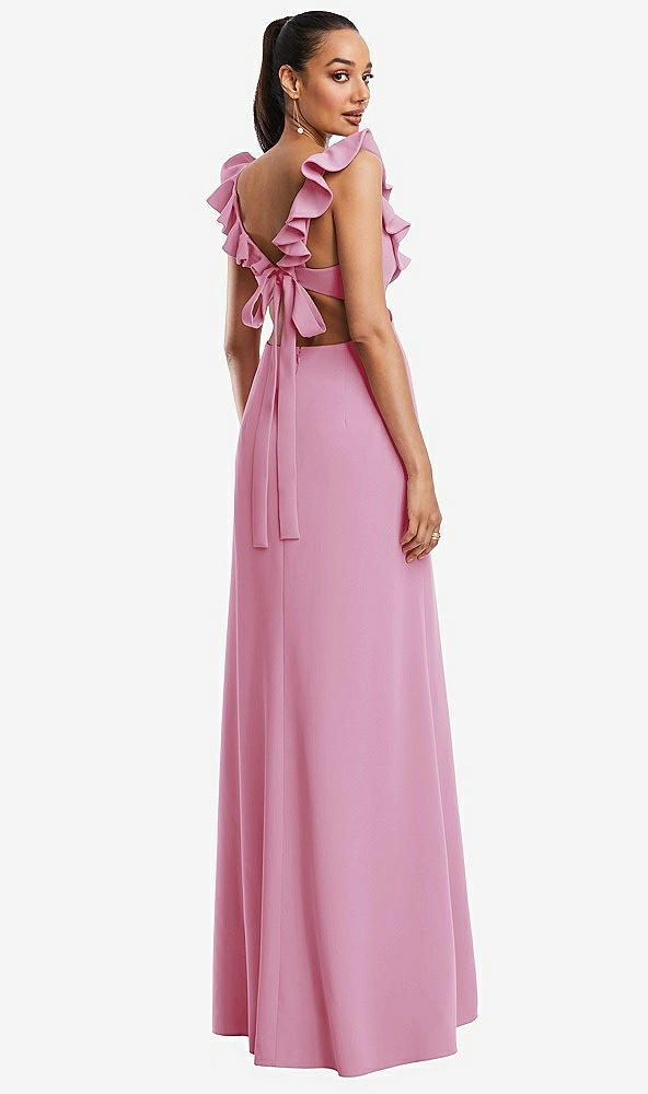 Back View - Powder Pink Ruffle-Trimmed Neckline Cutout Tie-Back Trumpet Gown