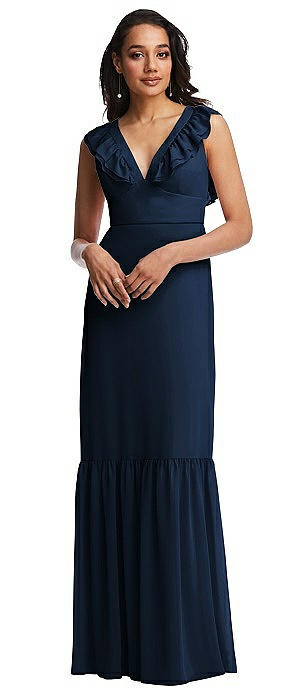 Tiered Ruffle Plunge Neck Open-Back Maxi Dress with Deep Ruffle Skirt