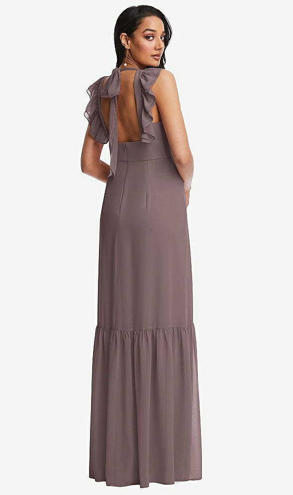 Back View - French Truffle Tiered Ruffle Plunge Neck Open-Back Maxi Dress with Deep Ruffle Skirt