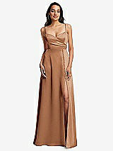 Front View Thumbnail - Toffee Adjustable Strap Faux Wrap Maxi Dress with Covered Button Details