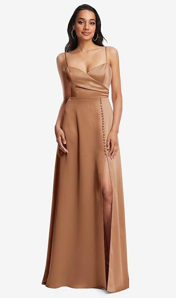 Front View - Toffee Adjustable Strap Faux Wrap Maxi Dress with Covered Button Details