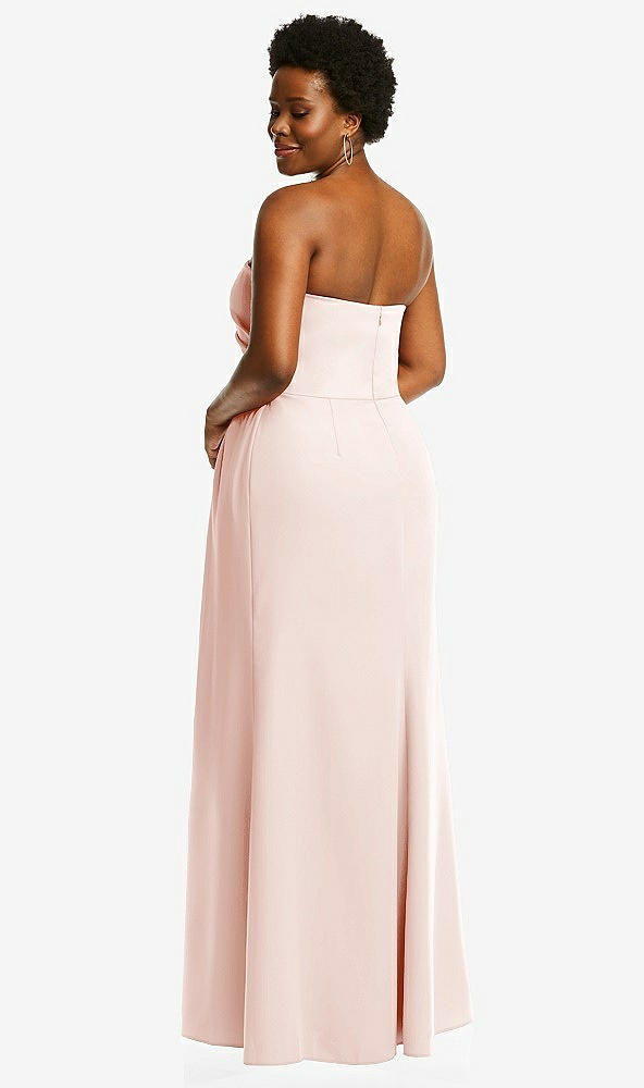 Back View - Blush Strapless Pleated Faux Wrap Trumpet Gown with Front Slit