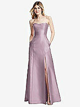 Rear View Thumbnail - Suede Rose Strapless A-line Satin Gown with Modern Bow Detail
