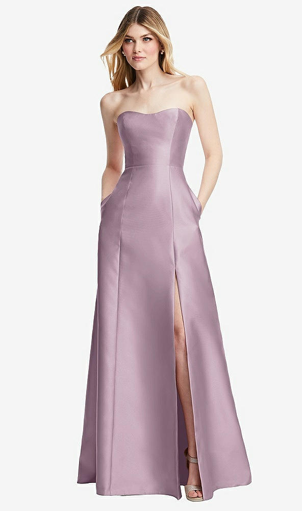 Back View - Suede Rose Strapless A-line Satin Gown with Modern Bow Detail