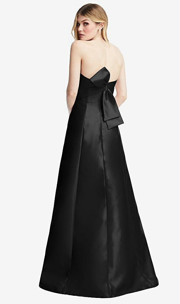 Front View - Black Strapless A-line Satin Gown with Modern Bow Detail