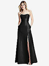 Rear View Thumbnail - Black Strapless A-line Satin Gown with Modern Bow Detail