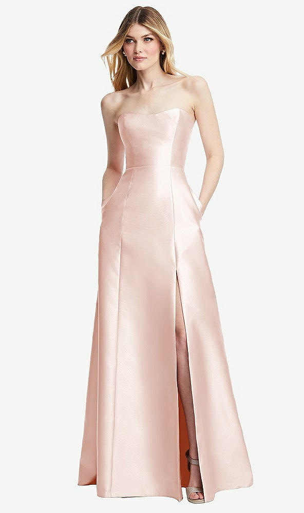 Back View - Blush Strapless A-line Satin Gown with Modern Bow Detail