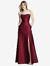 Rear View Thumbnail - Burgundy Strapless A-line Satin Gown with Modern Bow Detail