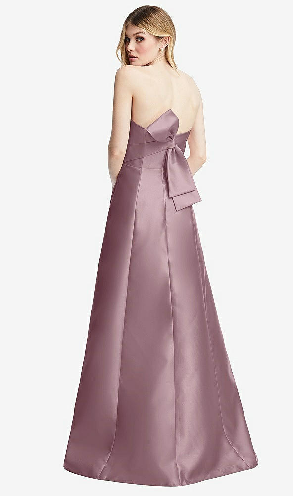 Front View - Dusty Rose Strapless A-line Satin Gown with Modern Bow Detail