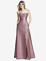 Rear View Thumbnail - Dusty Rose Strapless A-line Satin Gown with Modern Bow Detail