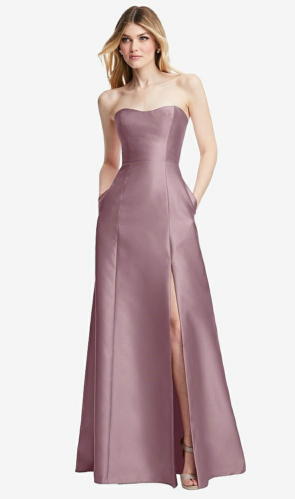 Back View - Dusty Rose Strapless A-line Satin Gown with Modern Bow Detail