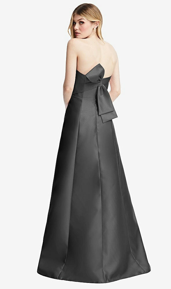 Front View - Gunmetal Strapless A-line Satin Gown with Modern Bow Detail