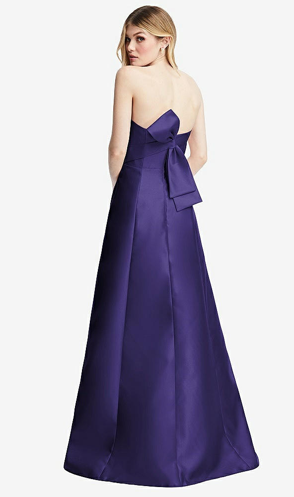 Front View - Grape Strapless A-line Satin Gown with Modern Bow Detail