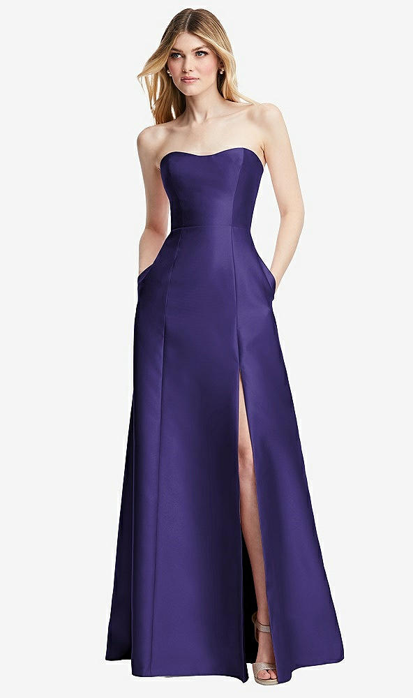 Back View - Grape Strapless A-line Satin Gown with Modern Bow Detail