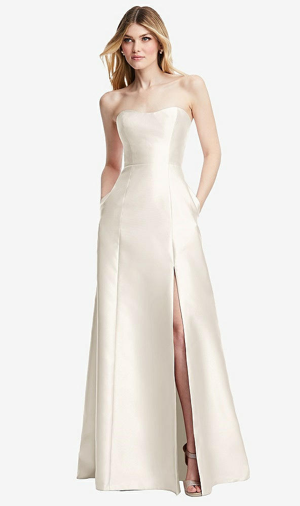 Back View - Ivory Strapless A-line Satin Gown with Modern Bow Detail