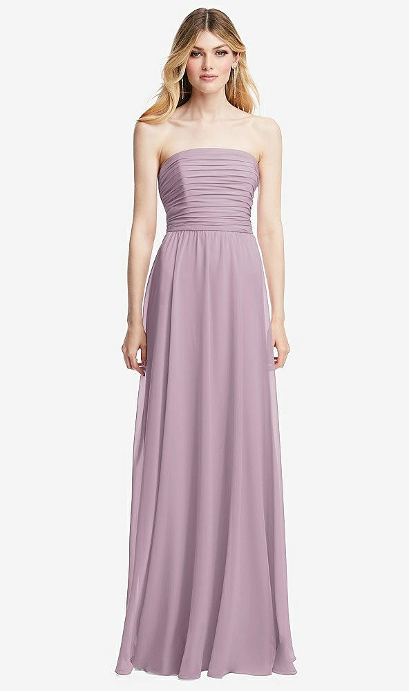 Front View - Suede Rose Shirred Bodice Strapless Chiffon Maxi Dress with Optional Straps
