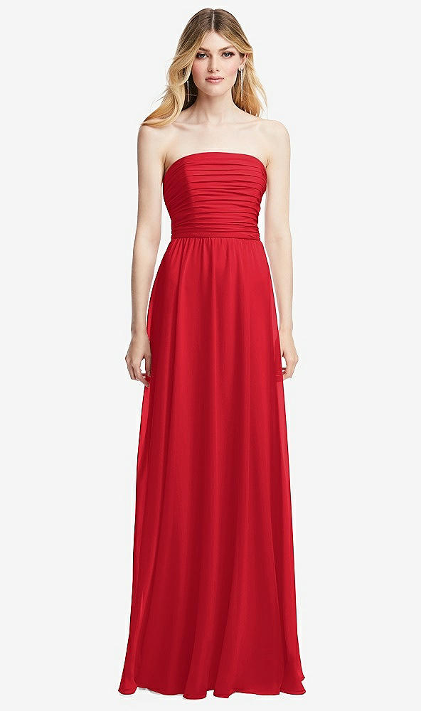 Front View - Parisian Red Shirred Bodice Strapless Chiffon Maxi Dress with Optional Straps