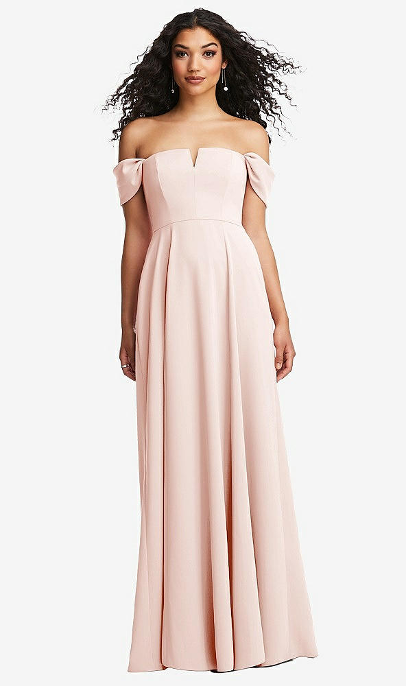 Front View - Blush Off-the-Shoulder Pleated Cap Sleeve A-line Maxi Dress