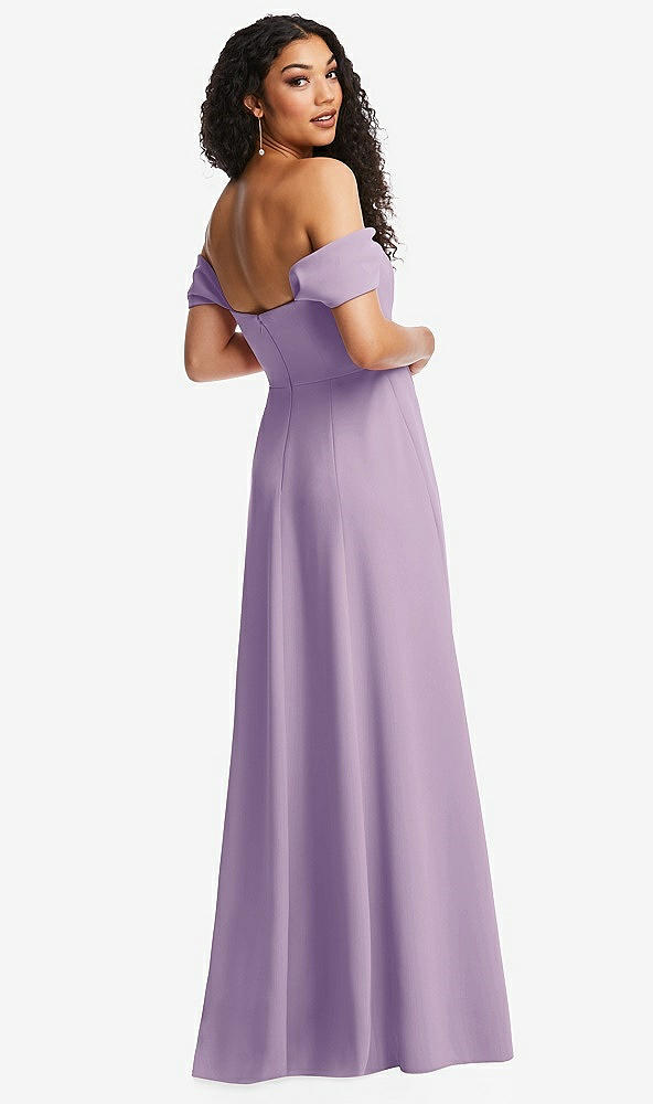 Back View - Pale Purple Off-the-Shoulder Pleated Cap Sleeve A-line Maxi Dress